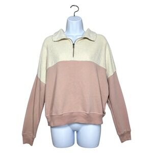 THE GREAT. Colorblock Fleece Half Zip Pullover Blush Pink Cream Size 1 Small